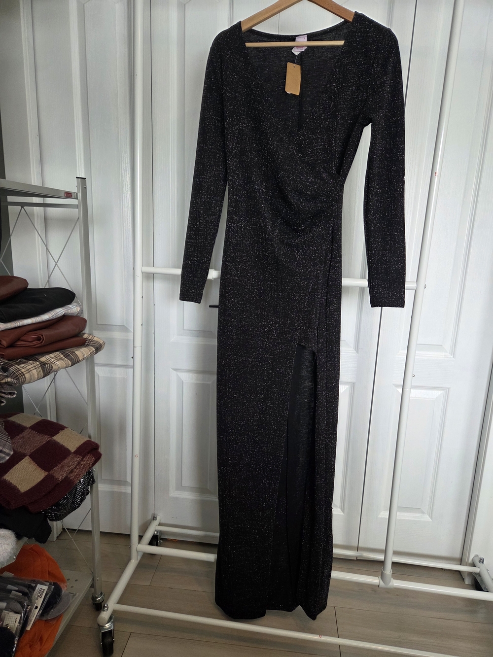 Black Sparkle Long Sleeve Wrap-Style Evening Dress